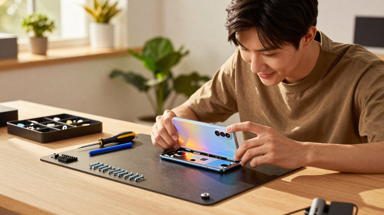 Junger Mann repariert vorsichtig ein aufklappbares Smartphone an einem Tisch mit Werkzeugen.