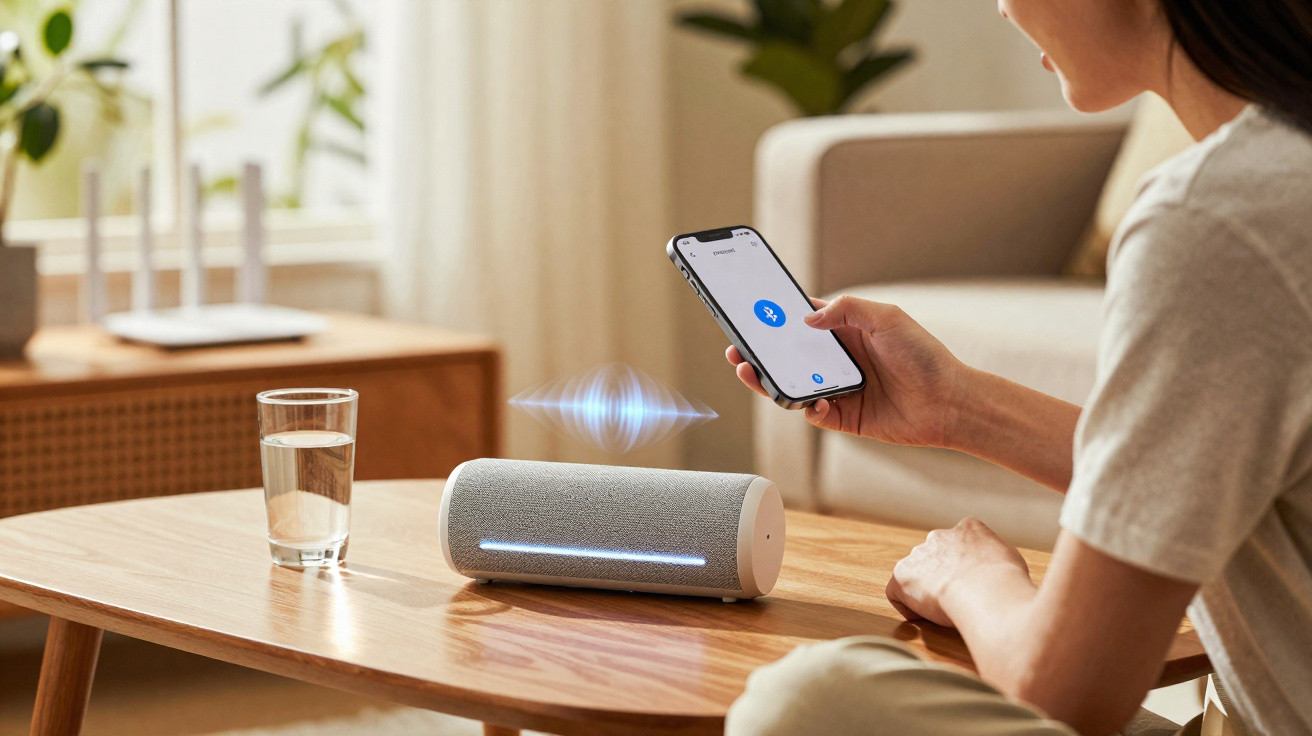 Person verbindet Smartphone mit smartem Lautsprecher auf Holztisch, Glas Wasser daneben, gemütliches Wohnzimmer.