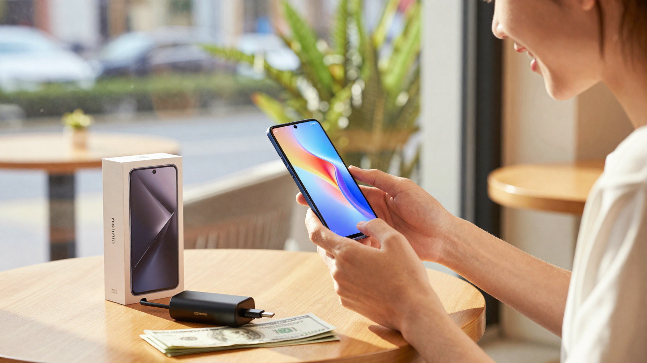 Frau hält neues Smartphone, auf Tisch liegen Ladekabel, Geldscheine und Handyverpackung in hellem Raum.
