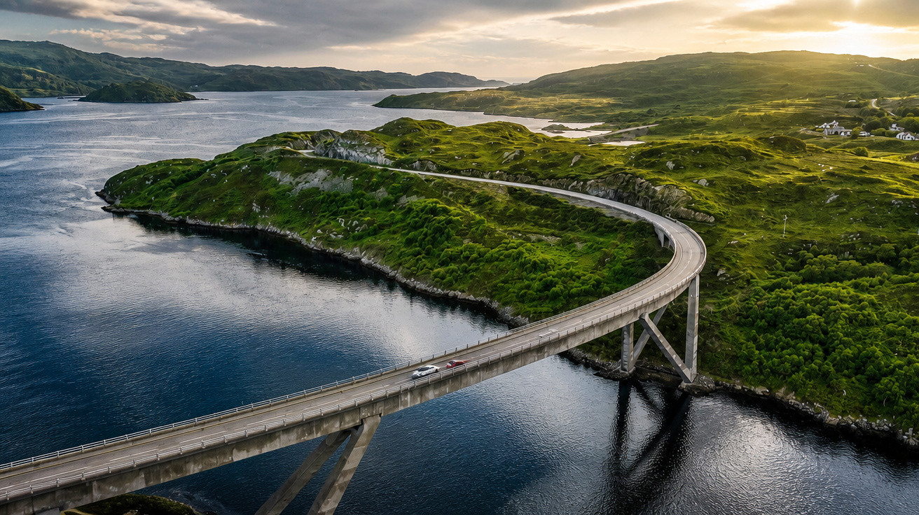 Gebogene Brücke über ruhiges Wasser mit grünen Hügeln und Sonnenuntergang im Hintergrund.