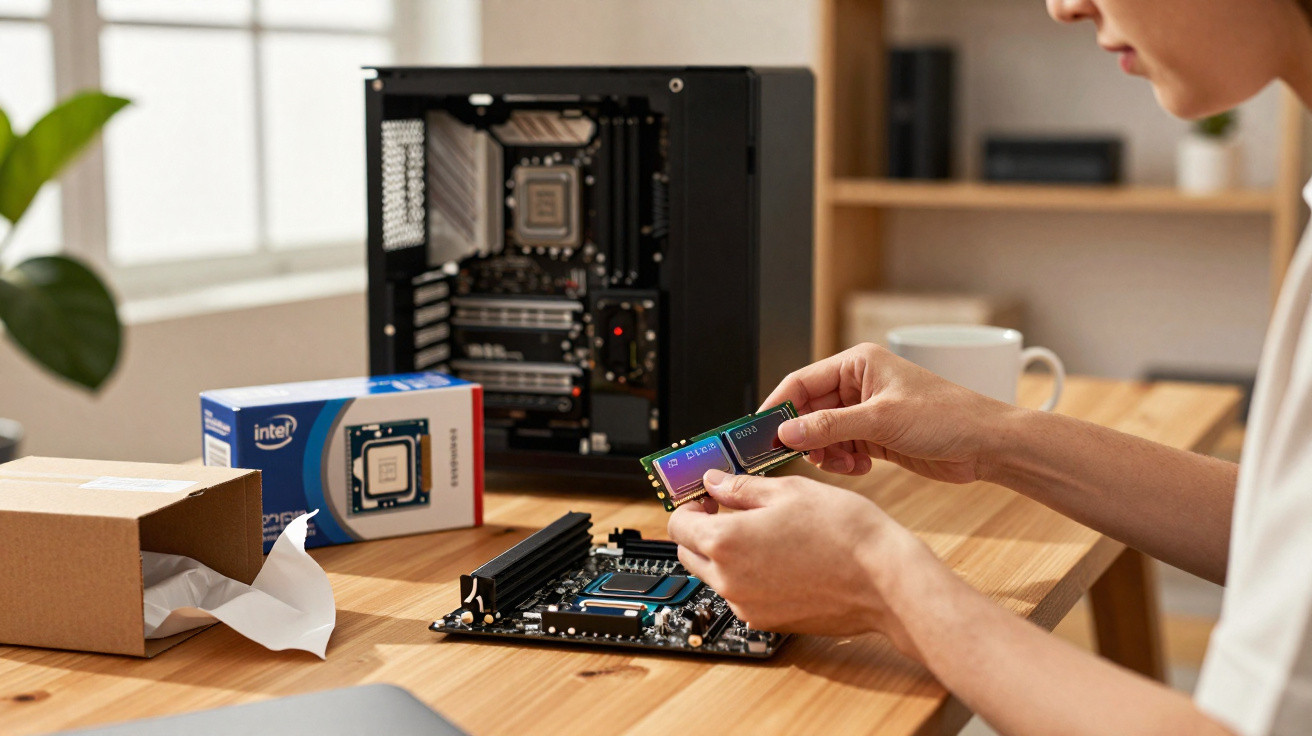 Person baut einen Computer zusammen und hält Arbeitsspeicher über ein Mainboard auf einem Holztisch.