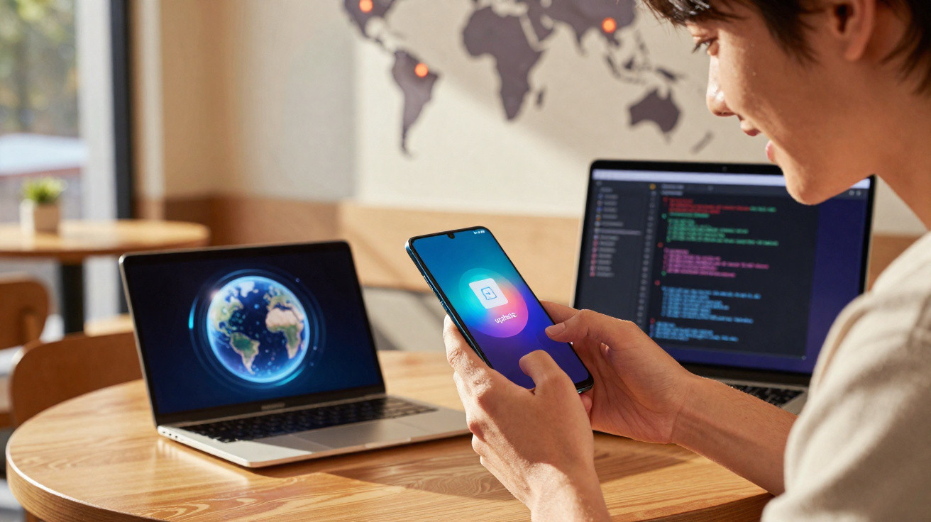 Person hält Smartphone mit geöffneter App, Laptop mit Weltkugel und zweiter Laptop mit Programmcode im Hintergrund.