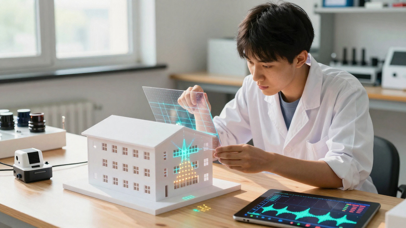 Mann in Labor untersucht Modellhaus mit holografischer Projektion und Tablet mit technischen Daten.