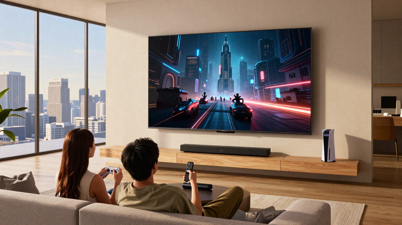 Junges Paar sitzt auf Sofa und spielt Videospiele vor großem Fernseher in modernem Wohnzimmer.