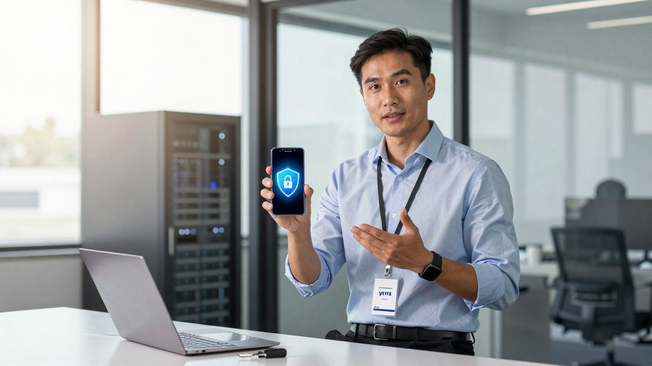 Mann im Büro zeigt Smartphone mit Symbol eines digitalen Sicherheitsschlosses auf dem Display.