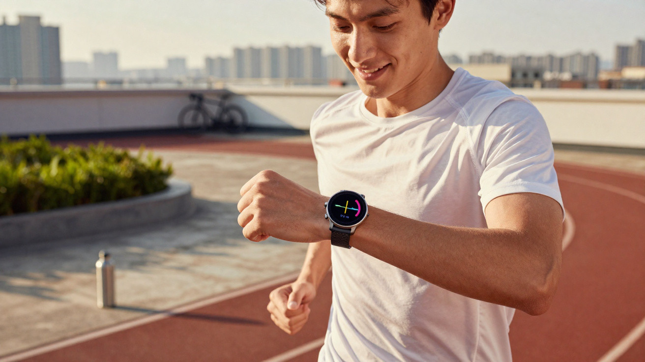 Junger Mann joggt auf Laufbahn und schaut auf seine Smartwatch mit buntem Display im Freien.