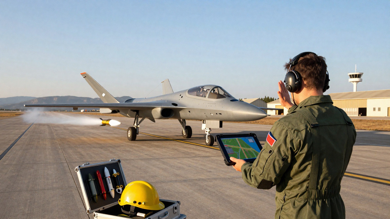 Militärpilot mit Headset steuert Drohne auf Startbahn und hält Tablet, Drohne kurz vor Start.