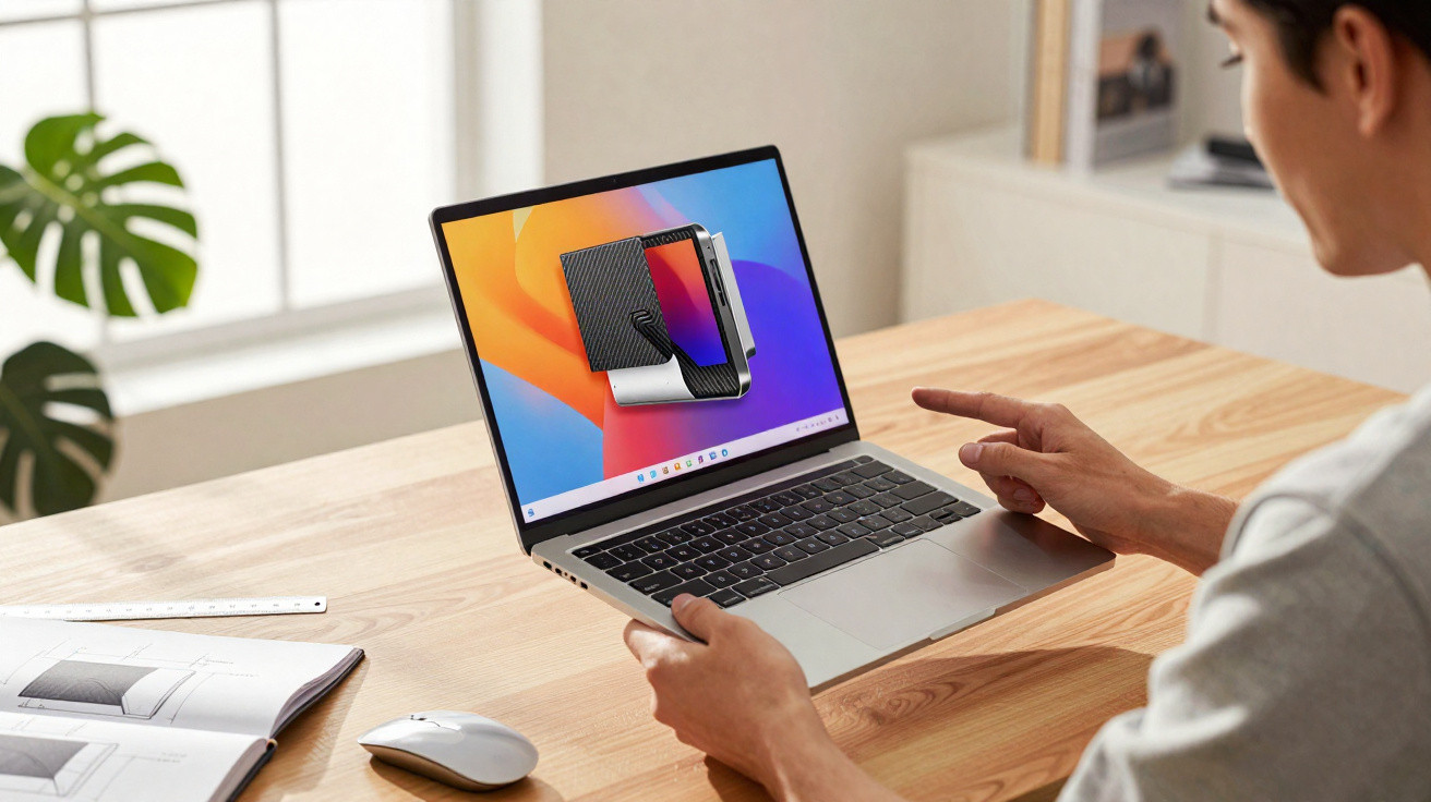 Person hält Laptop vor sich, auf dem ein technisches Diagramm oder 3D-Modell angezeigt wird, Tisch mit Maus und Magazin.