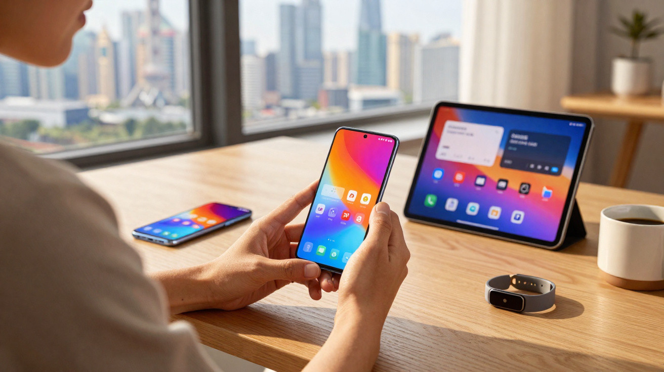 Person hält ein Smartphone vor einem Tablet, zweitem Smartphone, Fitness-Tracker und Kaffeetasse auf Holztisch.