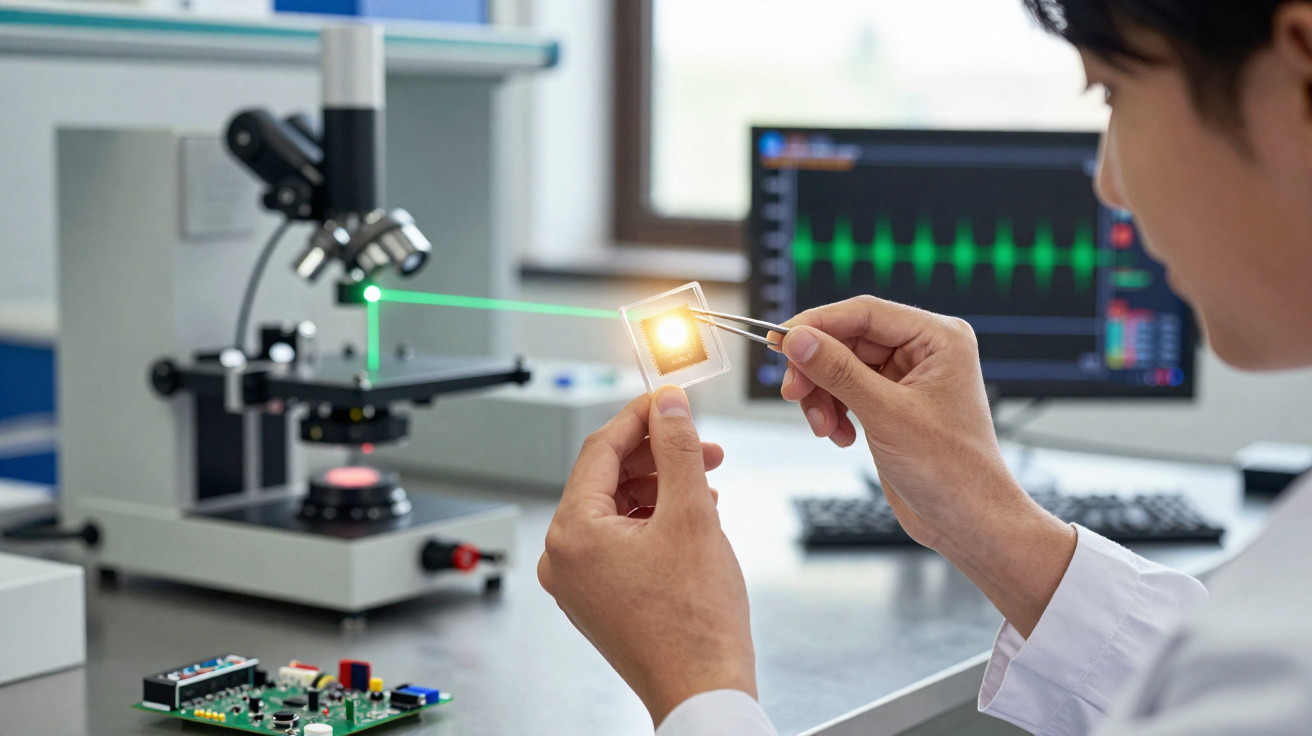 Wissenschaftler hält leuchtende Mikrochip-Probe, grüne Laserstrahlen, wissenschaftliches Labor mit Mikroskop und Computermoni