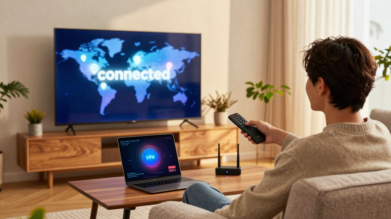 Person sitzt auf Sofa, steuert Fernseher mit Remote, Laptop zeigt VPN-Verbindung, TV-Bild Weltkarte mit "connected".