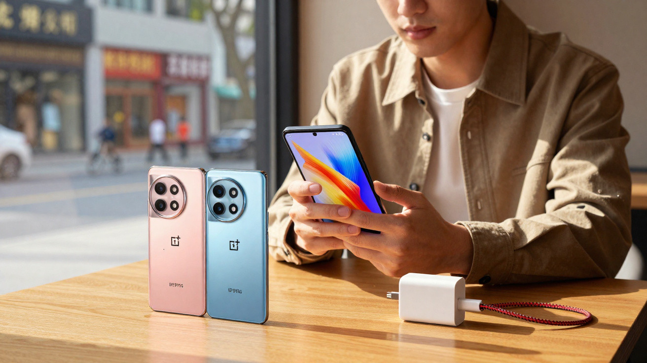 Mann hält Smartphone, daneben stehen zwei OnePlus-Handys und ein Ladegerät auf dem Holztisch.