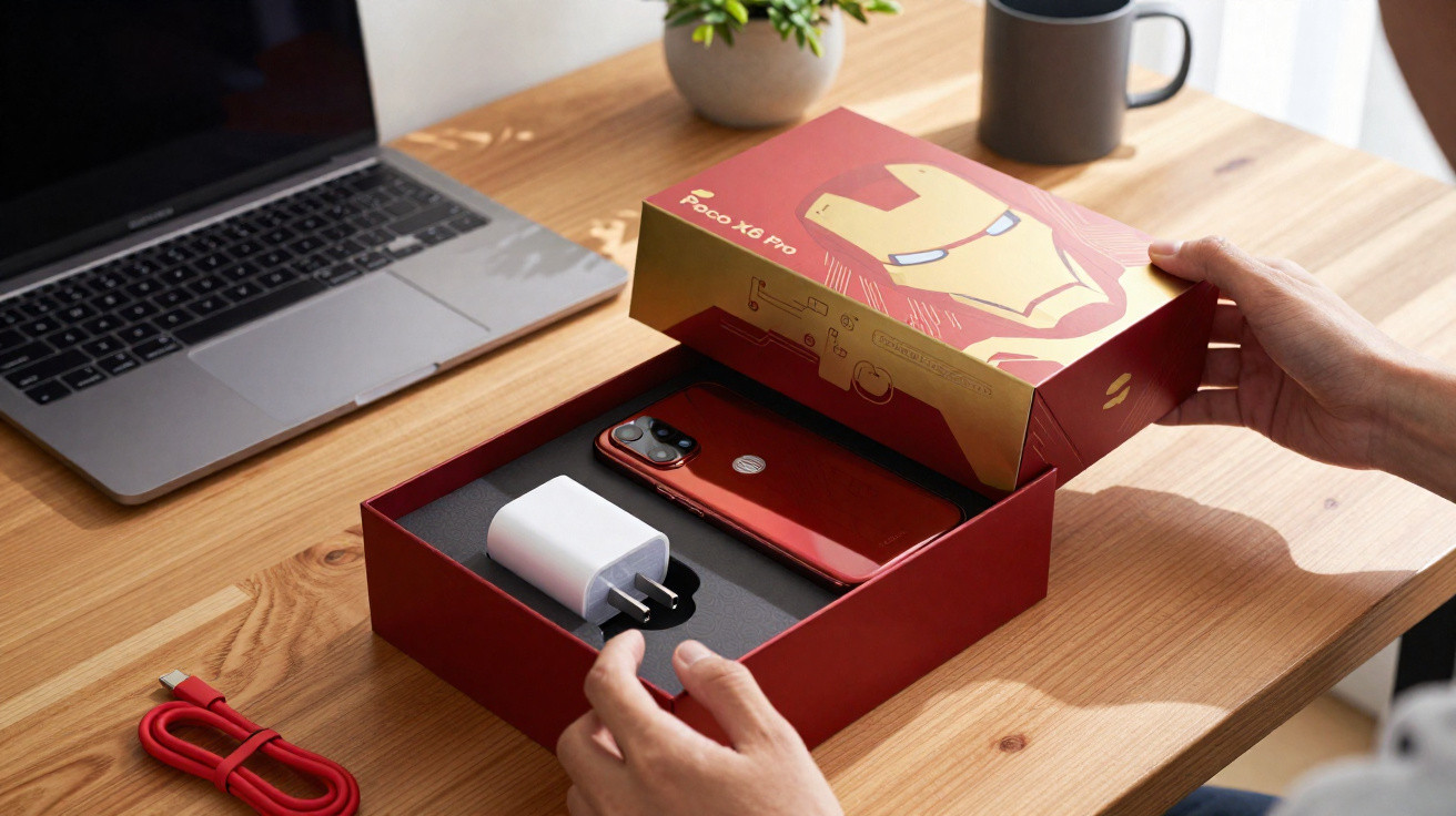 Person öffnet Iron Man Sonderedition des Poco X3 Pro Smartphones mit Netzteil und rotem Ladekabel auf Holztisch neben Laptop