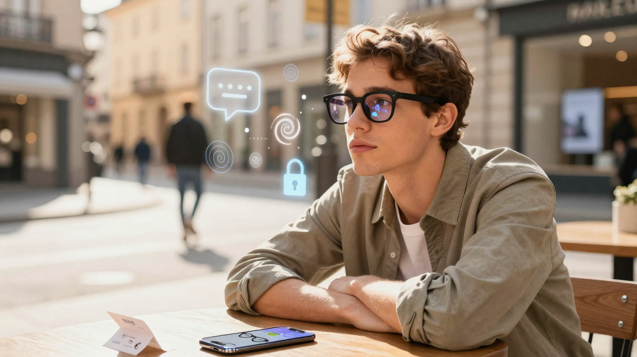 Junger Mann mit Brille sitzt draußen am Tisch, digitale Sicherheitssymbole schweben neben ihm.