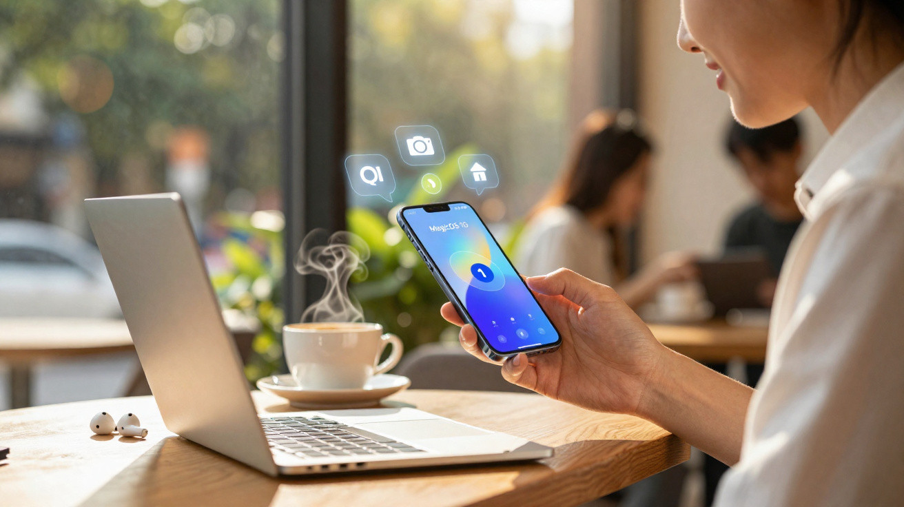 Frau nutzt Smartphone mit digitalen Icons neben Laptop und dampfender Kaffeetasse in Café-Umgebung.