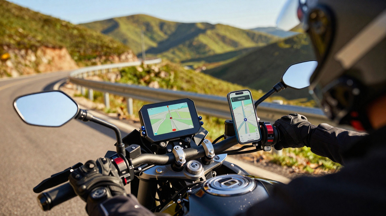 Motorradfahrer mit Helm und Handschuhen nutzt zwei Navigationsgeräte auf kurviger Bergstraße.
