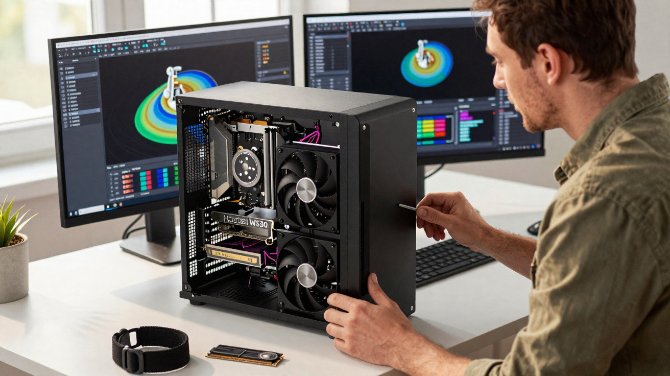 Mann repariert Computergehäuse vor zwei Monitoren mit 3D-Design-Software auf dem Schreibtisch.