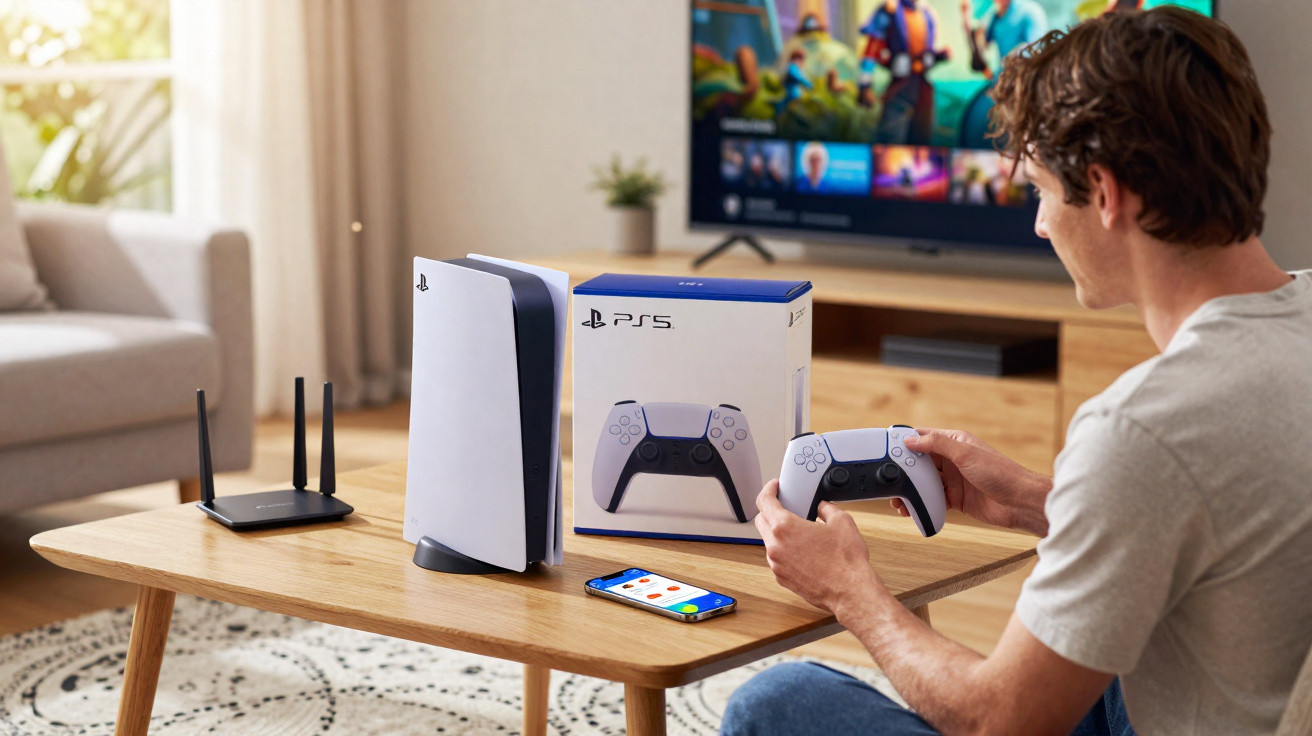 Mann hält PlayStation 5 Controller, Konsole und Router auf Holztisch, Fernseher zeigt Videospiel.