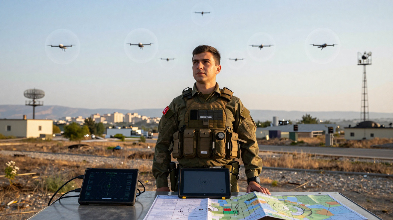 Soldat steht mit militärischer Ausrüstung vor Tisch mit Karten und Tablets, Drohnen fliegen im Hintergrund.