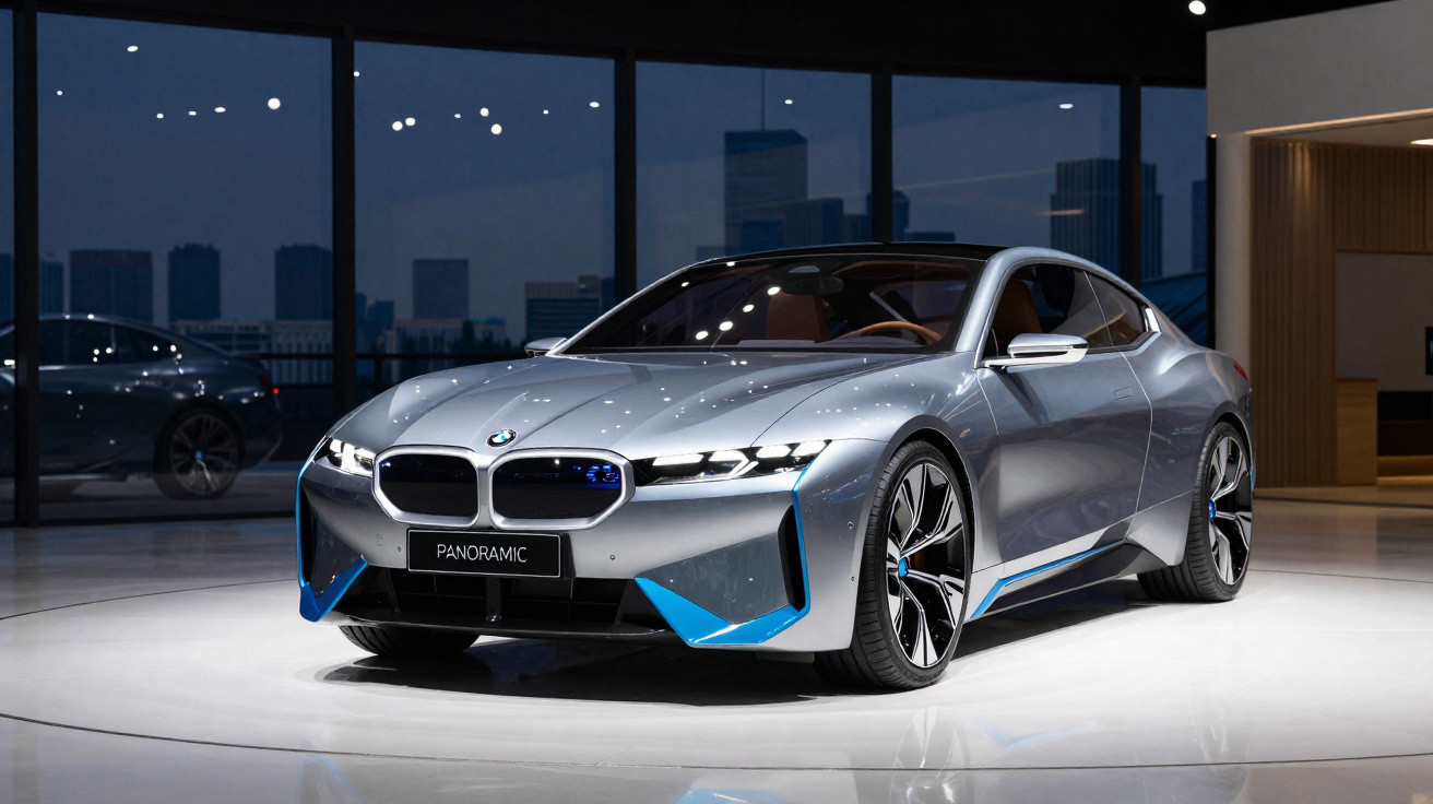 Silberner BMW Sportwagen mit blauen Akzenten auf moderner Ausstellung vor Großstadtfenstern bei Nacht.