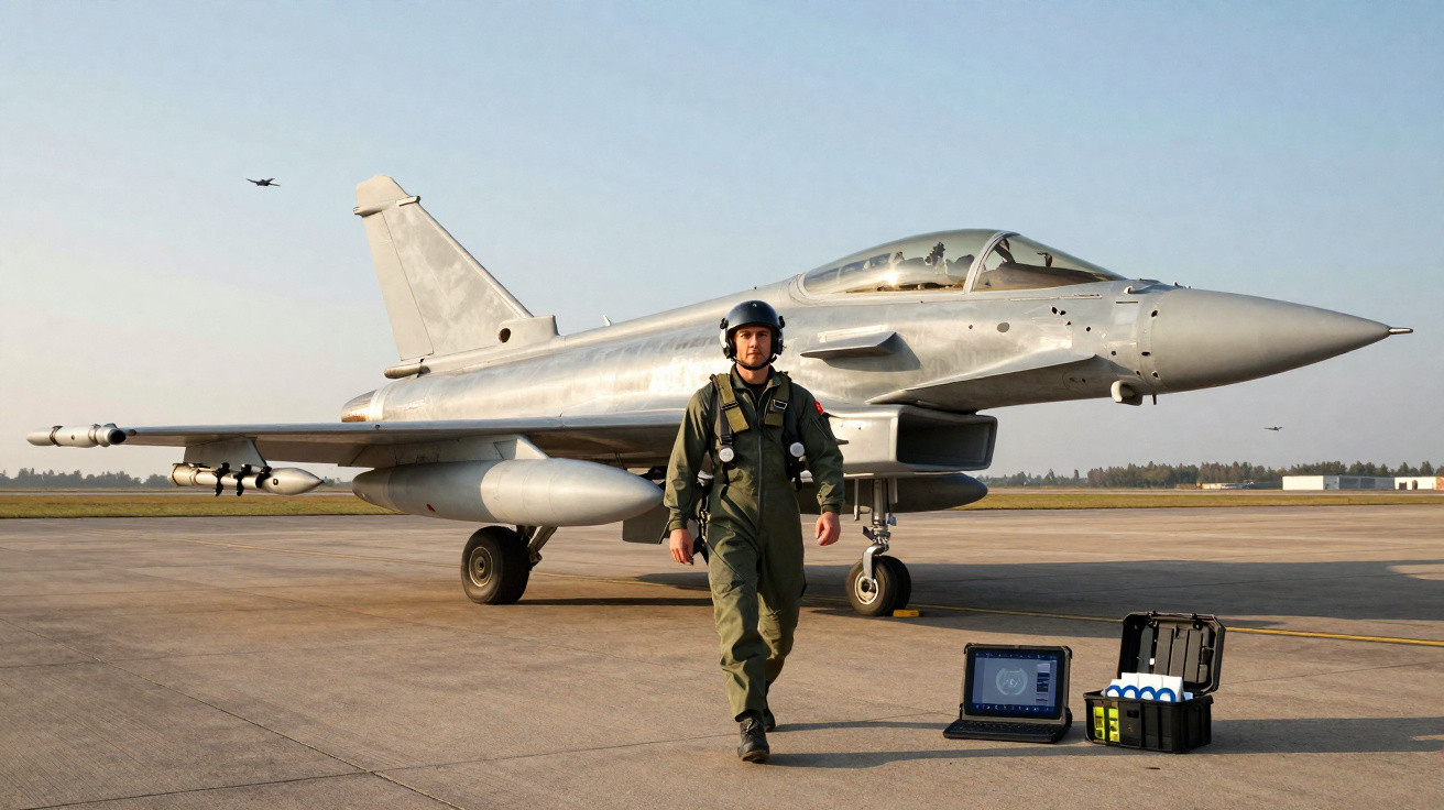 Pilot in Fluganzug steht vor einem Eurofighter-Kampfjet auf dem Rollfeld bei klarem Himmel.