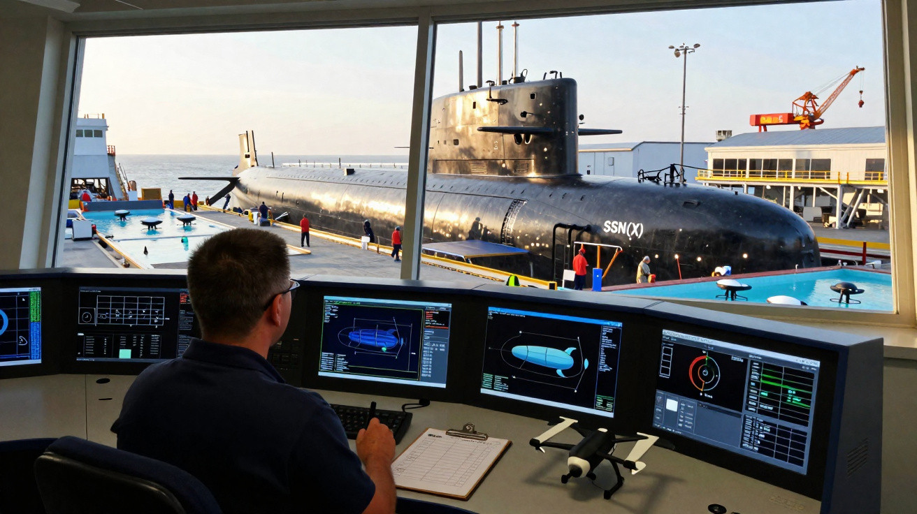 Mann beobachtet U-Boot SSN(X) von Kontrollraum aus, Bildschirme mit U-Boot-Daten, Dock und Hafen im Hintergrund.