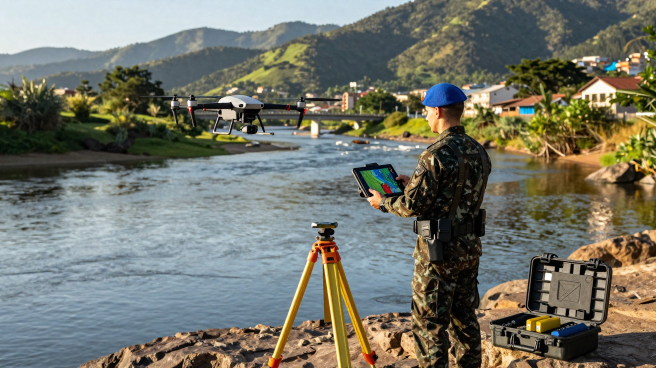Soldat mit blauer Mütze steuert Drohne am Flussufer mit Berglandschaft im Hintergrund.