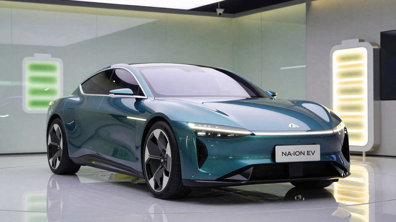 Elektroauto NA-ION EV in Metallicblau im Showroom mit batterieförmigen Leuchten im Hintergrund.