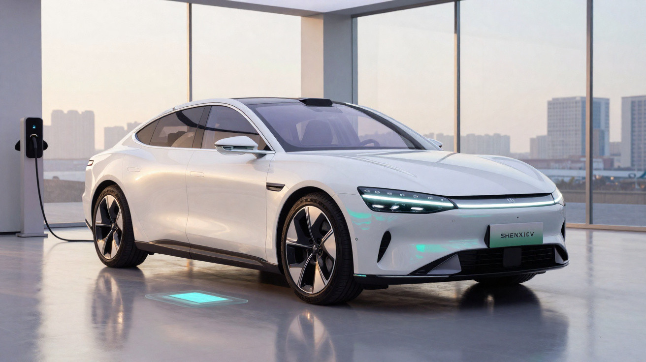 Weißes Elektroauto mit LED-Scheinwerfern an Ladestation in modernem Innenraum mit Blick auf Stadt.