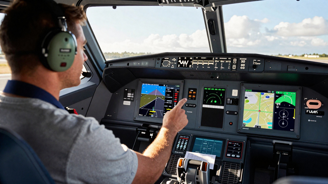 Pilot mit Headset bedient moderne Cockpit-Instrumente eines Flugzeugs am Flughafen bei Tageslicht.