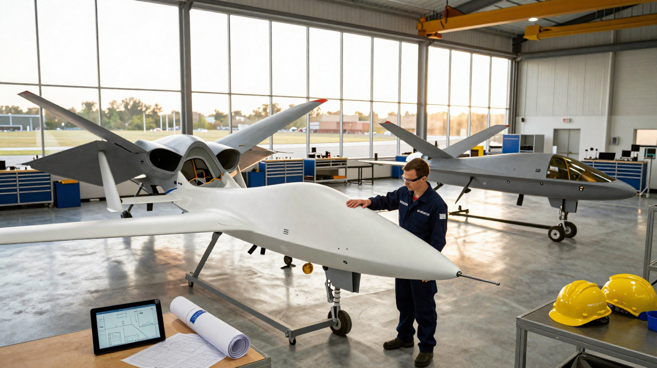 Ingenieur überprüft Drohnenprototypen in hellen Hangar mit großen Fenstern und Werkzeugschränken im Hintergrund.