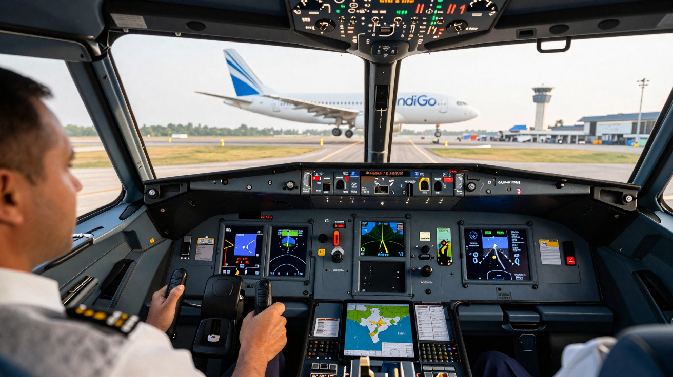 Blick aus dem Cockpit eines Flugzeugs auf Startbahn mit Indigo-Flugzeug und Tower im Hintergrund.