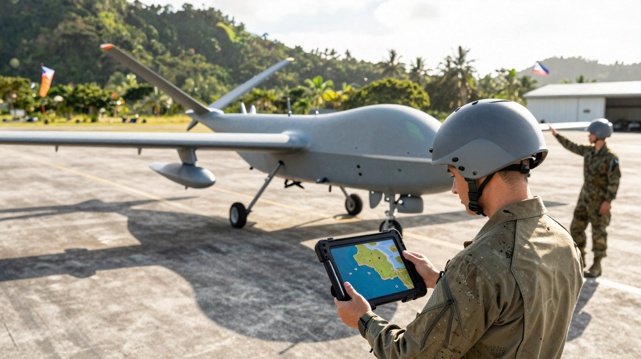 Soldat mit Tablet vor einer Drohne auf Flugfeld, andere Person gibt Anweisungen im Hintergrund.