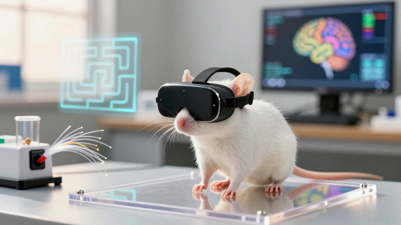 Weißes Labor-Mäuschen trägt Virtual-Reality-Brille, sitzt auf Glastisch vor Bildschirm mit Gehirn-Darstellung.