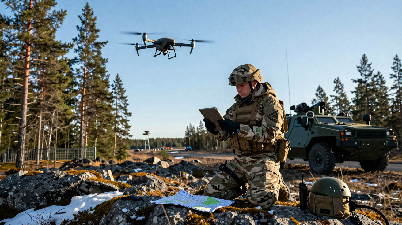 Soldat in Tarnuniform steuert Drohne mit Tablet, liegt auf Felsen mit Karte, Militärfahrzeug und Wald im Hintergrund.