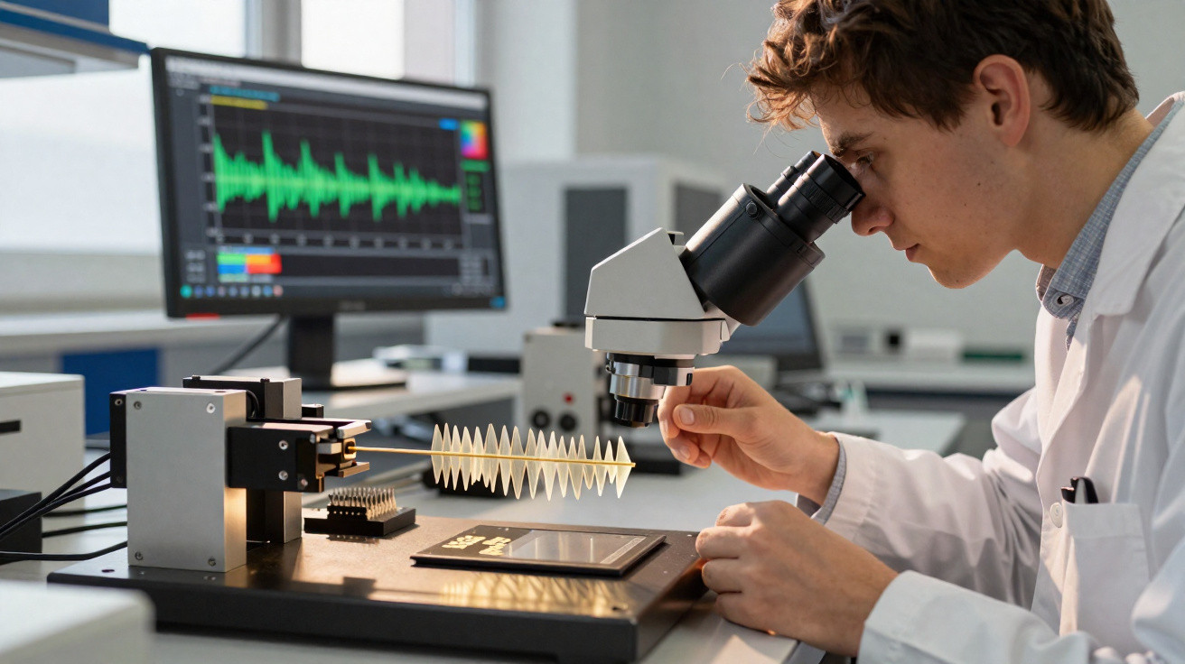 Wissenschaftler im Labor untersucht mit Mikroskop neben Messgerät und Computerbildschirm mit Datenanalyse.