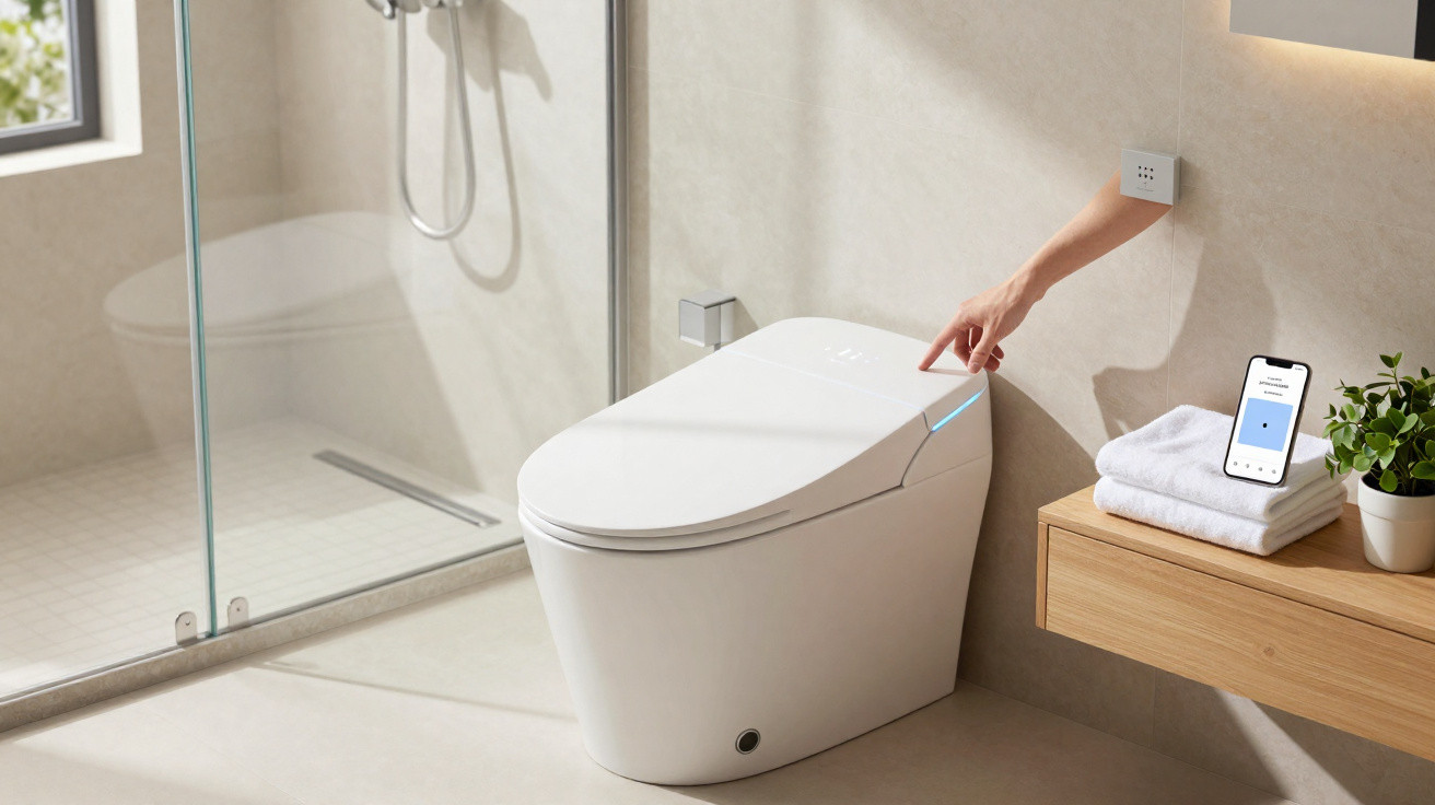Modernes Smart-WC in hellem Badezimmer, daneben Smartphone mit App und Hand, die WC-Taste berührt.