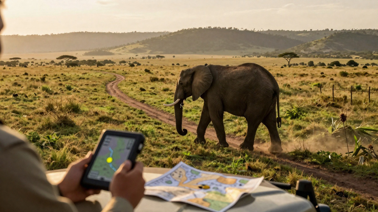 Ein Elefant läuft auf einem Grasweg in der afrikanischen Savanne, im Vordergrund eine Person mit GPS-Gerät und Karte.