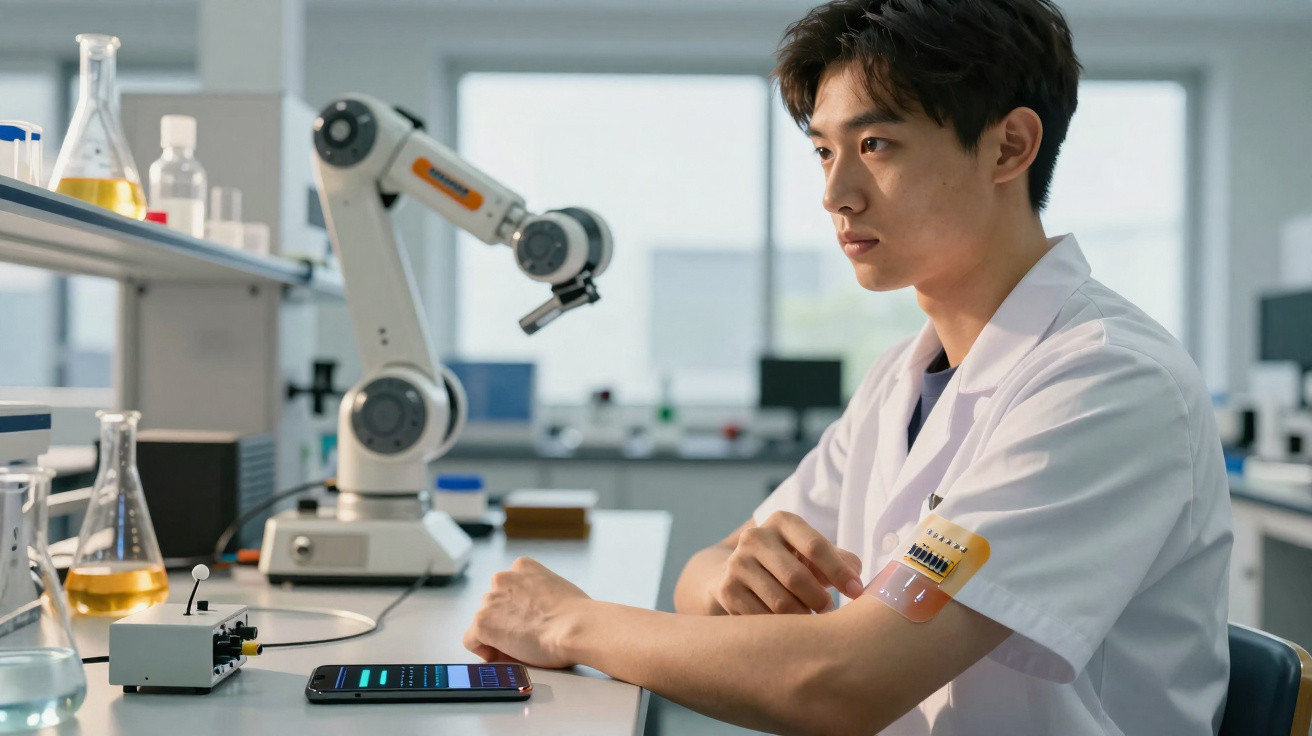 Junger Wissenschaftler im Labor mit tragbarem Sensor am Arm und Roboterarm im Hintergrund.