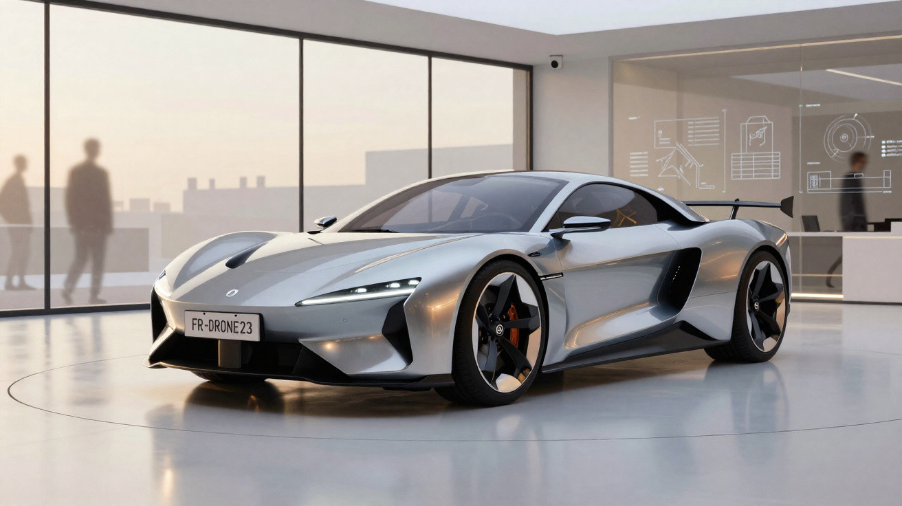 Silberner Sportwagen mit futuristischem Design in hellem Showroom mit Glasfassade und schemenhaften Personen.