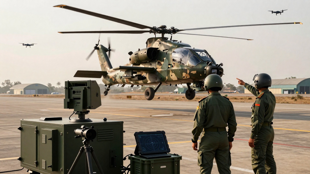Zwei Soldaten überwachen einen startenden Kampfhubschrauber auf einer Militärbasis mit Drohnen im Hintergrund.