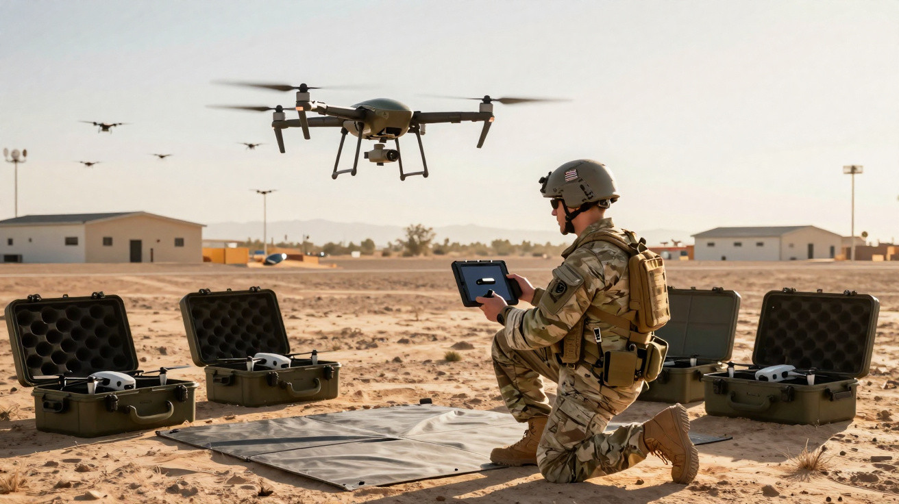 Soldat steuert mit Tablet eine Drohne in Wüstenumgebung mit mehreren Drohnen und Ausrüstungsboxen.