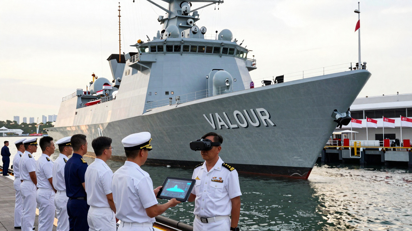 Marineoffiziere in Uniform beobachten vor Kriegsschiff "Valour" eine Virtual-Reality-Demonstration am Hafen.