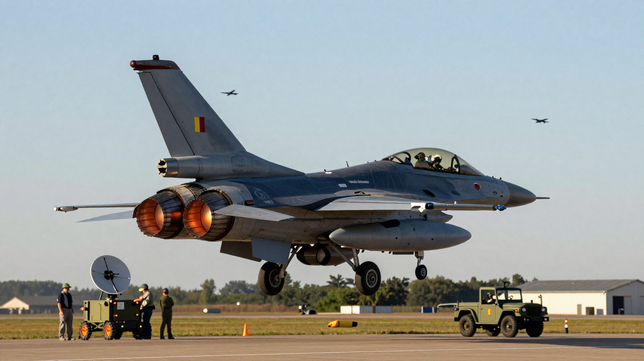 Kampfjet mit laufenden Triebwerken hebt auf Flugplatz ab, umgeben von Bodenpersonal und Fahrzeugen.
