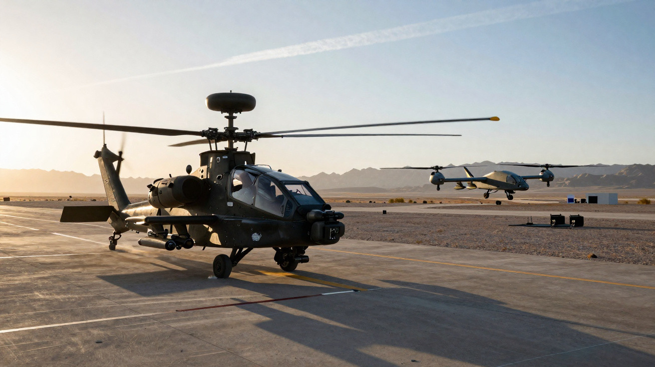 Militärhubschrauber und Drohne auf Startbahn bei Sonnenaufgang in Wüstenumgebung.