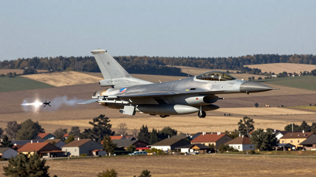 Kampfflugzeug F-16 beim Start, das eine Rakete über einer ländlichen Ortschaft im Hintergrund abfeuert.