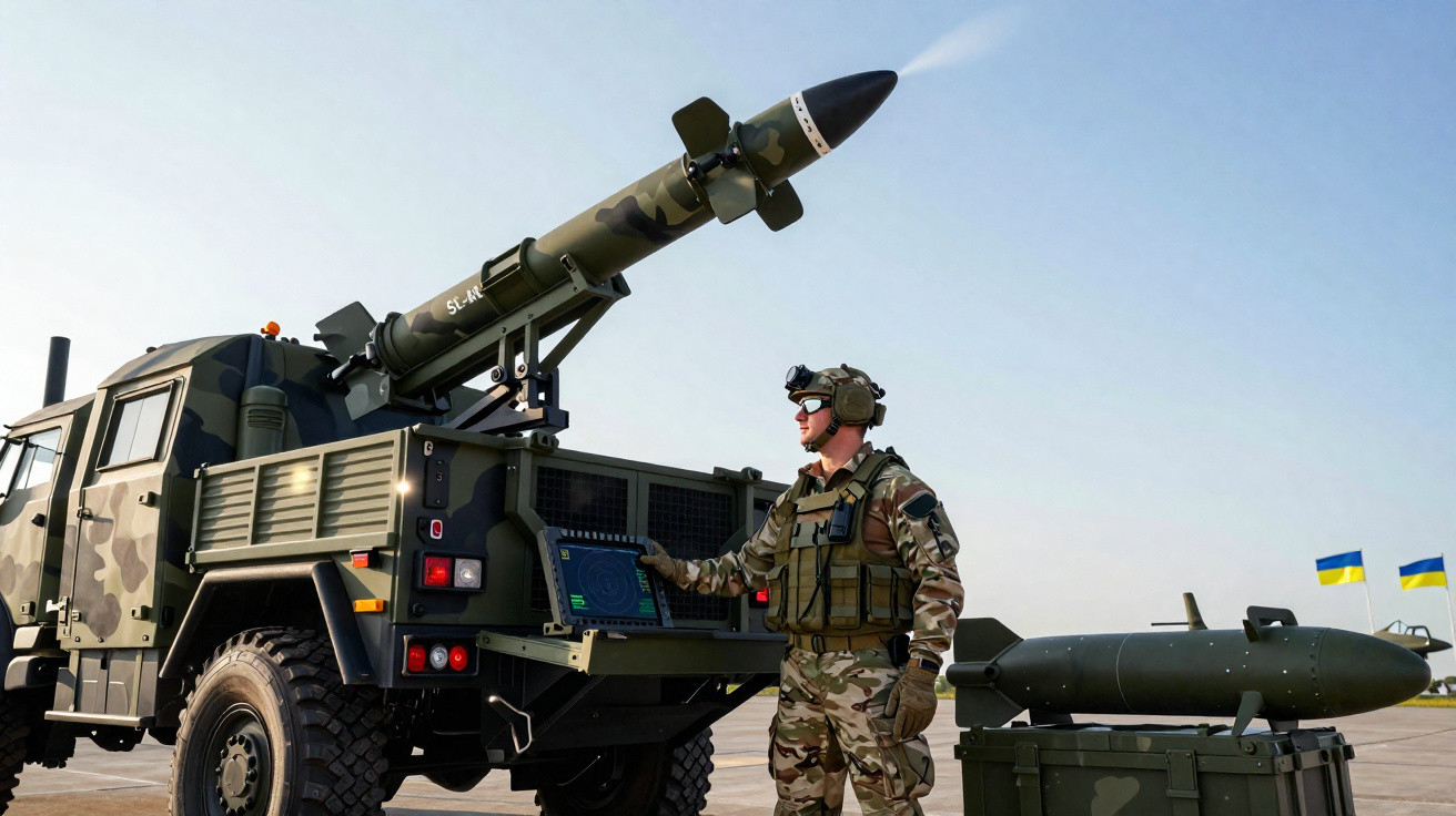 Soldat in Tarnuniform bedient Raketenwerfer auf Militärfahrzeug, Ukraine-Flaggen im Hintergrund sichtbar.