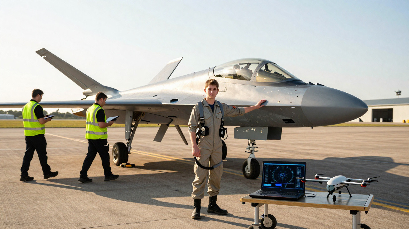 Piloten mit Fluganzug steht vor modernem Kampfjet auf Startbahn, daneben Laptop und Drohne auf Tisch.