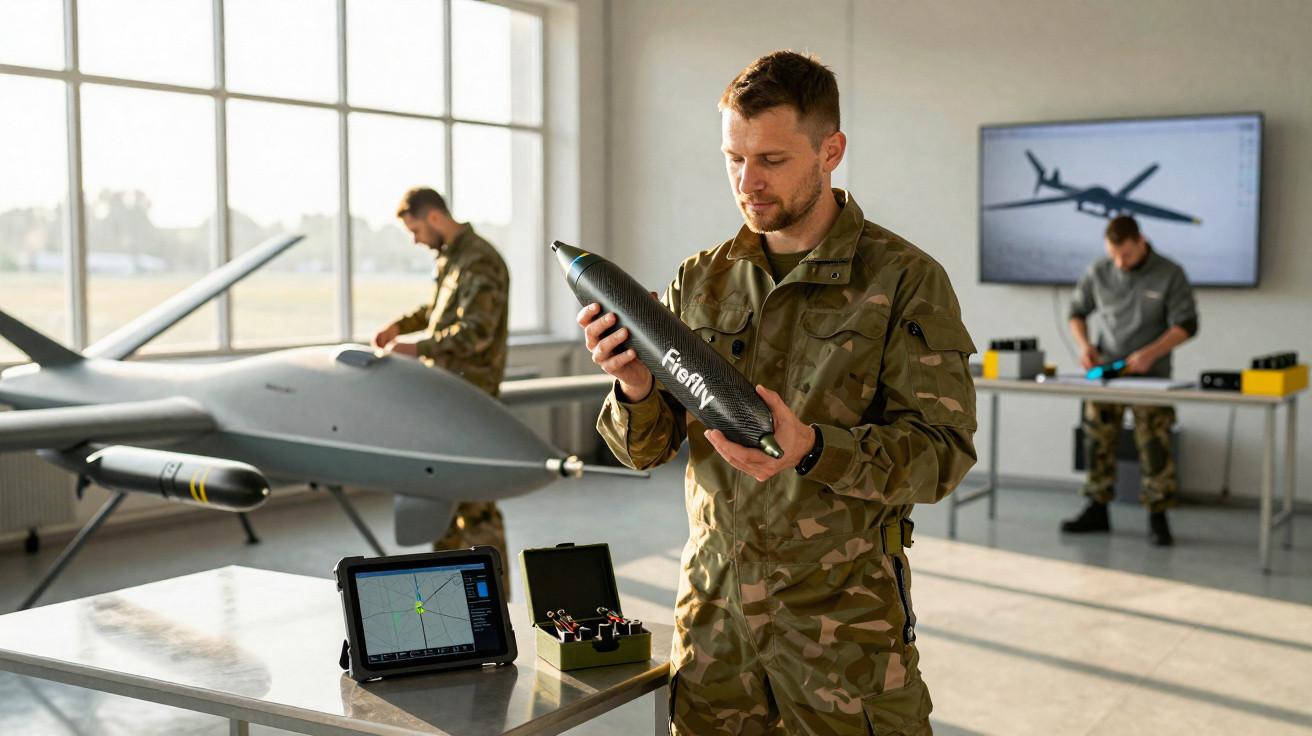 Soldat in Tarnuniform untersucht Drohnenmunition in einem hellen Raum mit Drohne und Tablet.