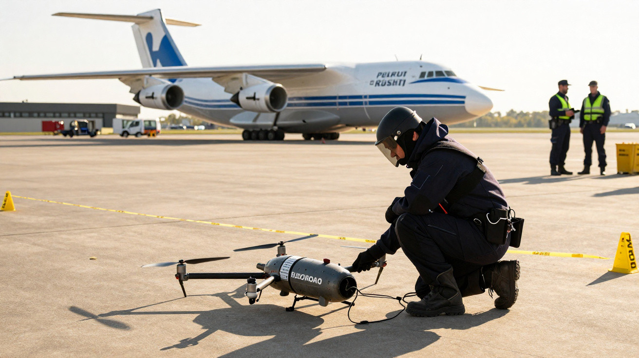 Sicherheitskraft in Schutzkleidung überprüft Drohne auf Flugfeld mit großem Frachtflugzeug im Hintergrund.